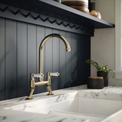 Traditional 2 Tap Hole Bridge Mixer Tap with Lever Handles - Brushed Brass - Insitu