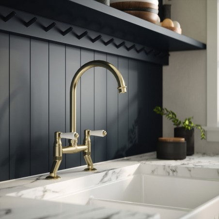 Traditional 2 Tap Hole Bridge Mixer Tap with Lever Handles - Brushed Brass