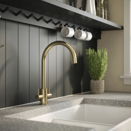 Lachen Mono Basin Twin Lever Round Basin Tap - Brushed Brass