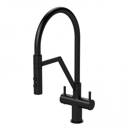 Ravi Mono Basin Twin Lever Round Basin Tap & Rinser - Matt Black