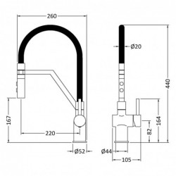 Ravi Mono Basin Single Lever Round Basin Tap & Rinser - Matt Black - Technical Drawing