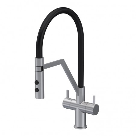 Ravi Mono Basin Twin Lever Round Basin Tap & Rinser - Brushed Nickel