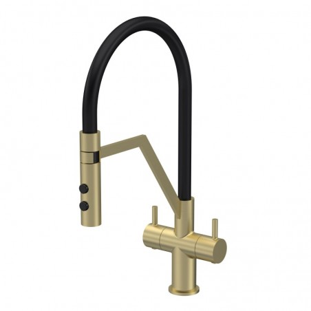 Ravi Mono Basin Twin Lever Round Basin Tap & Rinser - Brushed Brass