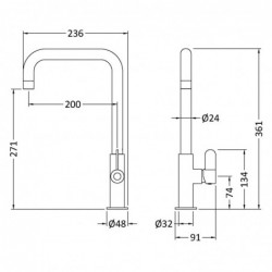 Taps Kosi Mono Basin Single Lever Square Basin Tap & Rinser - Brushed Nickel - Technical Drawing