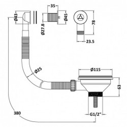 Fireclay Sinks Pull Out Basket Strainer Waste with Overflow, 90mm - Brushed Nickel - Technical Drawing