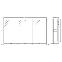 Quartet 1347mm 3 Door Mirror Unit - Charcoal Black Woodgrain - Technical Drawing