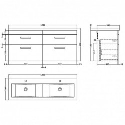 Athena 1200mm 4 Drawer Wall Hung Cabinet With Double Ceramic Basin - Gloss Grey Mist - Technical Drawing