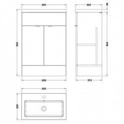 Fusion 600mm Vanity Unit with Basin - Charcoal Black Woodgrain - Technical Drawing