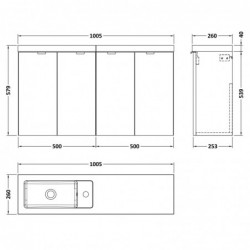 Fusion 1000mm Wall Hung Slimline 4 Door Vanity Unit with Basin - Charcoal Black Woodgrain - Technical Drawing