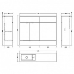 Fusion 1100mm Slimline Combination Vanity & Toilet Unit - Gloss Grey - Technical Drawing