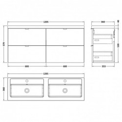 Fusion 1200mm Wall Hung 4 Drawer Vanity Unit with Double Basin - Gloss Grey - Technical Drawing