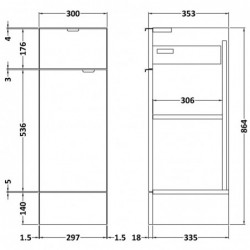 Fusion Fitted Floor Standing 300mm Drawer Line Base Unit - Anthracite Woodgrain - Technical Drawing