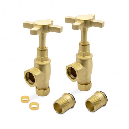 Angled Brushed Brass Cross Head Traditional Radiator Valves