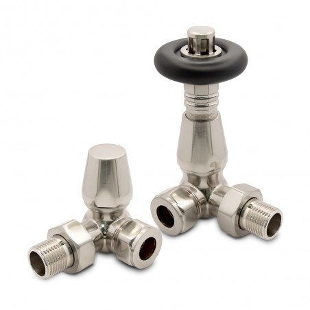 Brushed Nickel Traditional (Black Top) Thermostatic Radiator Valves Corner