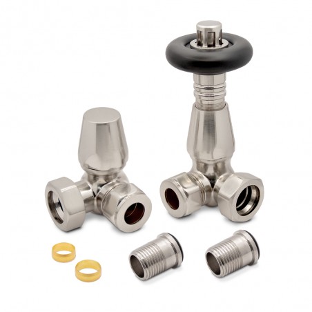 Brushed Nickel Traditional (Black Top) Thermostatic Radiator Valves Corner