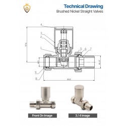 Brushed Nickel Manual Straight Radiator Valves Technical Drawing