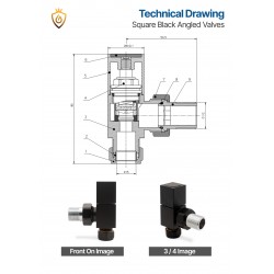 Black Cubic Manual Angled Radiator Valves Technical Drawing