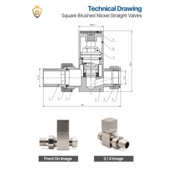 Brushed Nickel Cubic Manual Straight Radiator Valves Technical Drawing