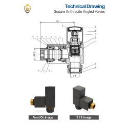 Angled Anthracite Square Radiator Valves - Technical Drawing