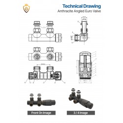 Angled Underside Euro Connection Anthracite Thermostatic Valves - Technical Drawing
