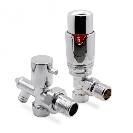 Angled Chrome TRV Valve & Drain Off for Radiators & Towel Rails (Pair)