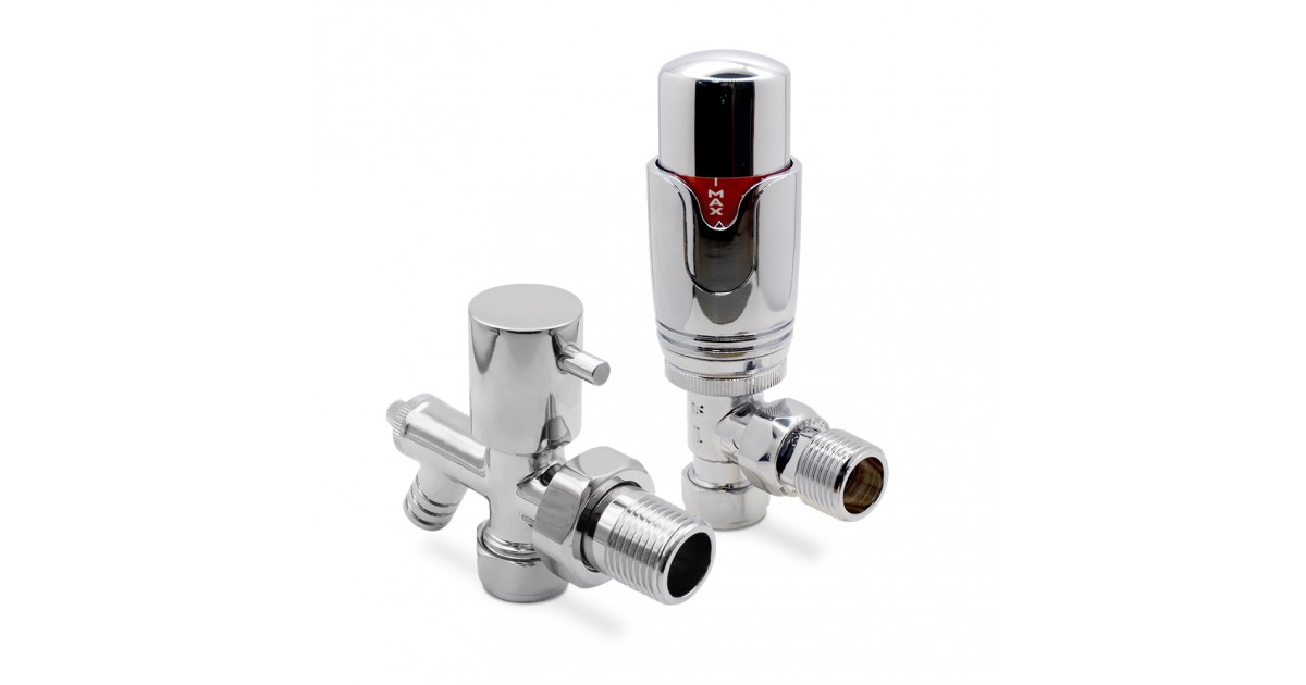 Angled Chrome TRV Valve Drain Off for Radiators Towel Rails Pair
