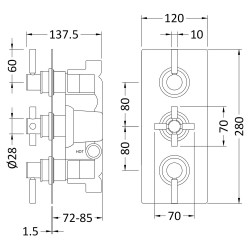 Tec Pura Plus Triple Thermostatic Valve Rectangular Plate - Technical Drawing