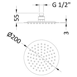 Chrome Round Fixed Shower Head 200mm - Technical Drawing
