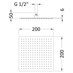Chrome Square Fixed Shower Head 200mm - Technical Drawing
