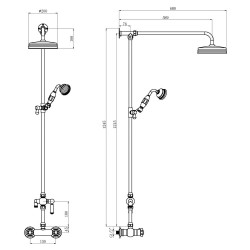 Traditional Thermostatic Shower Valve and Rigid Riser Kit with Diverter - Technical Drawing