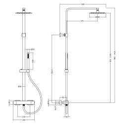 Chrome Square Thermostatic Bar Valve & Shower Kit - Technical Drawing