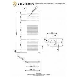 Straight Anthracite Towel Rail - 300 x 800mm - Technical Drawing