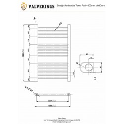 Straight Anthracite Towel Rail - 600 x 800mm - Technical Drawing