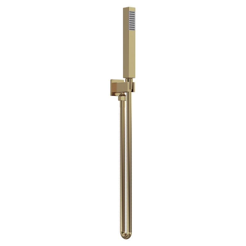 Brushed Brass Square Outlet Elbow, Parking Bracket, Shower Hose and Handset