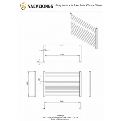 Straight Anthracite Towel Rail - 900 x 600mm - Technical Drawing