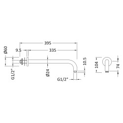 Wall Mounted Square Shower Arm - Brushed Pewter - Technical Drawing