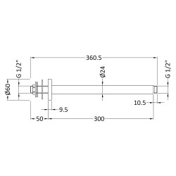 Ceiling Mounted Shower Arm 300mm - Brushed Pewter - Technical Drawing