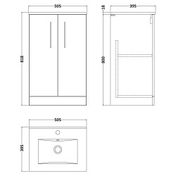Arno 500mm Freestanding 2 Door Vanity Unit with Minimalist Basin - Gloss White - Technical Drawing