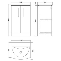 Arno 500mm Freestanding 2 Door Vanity Unit with Curved Basin - Gloss White - Technical Drawing