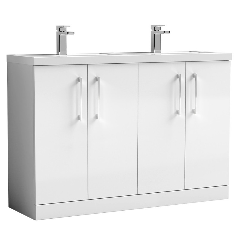 Arno 1200mm Freestanding 4 Door Vanity Unit with Double Polymarble Basin - Gloss White Arno 1200mm Freestanding 4 Door Vanity Unit with Double Polymarble Basin - Gloss White