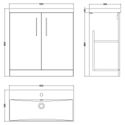 Arno 800mm Freestanding 2 Door Vanity Unit with Thin-Edge Basin - Gloss White - Technical Drawing