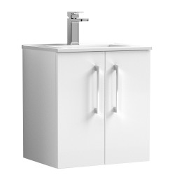 Arno 500mm Wall Hung 2 Door Vanity Unit with Minimalist Basin - Gloss White