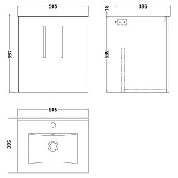 Arno 500mm Wall Hung 2 Door Vanity Unit with Minimalist Basin - Gloss White - Technical Drawing