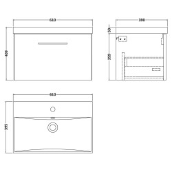 Arno 600mm Wall Hung Single Drawer Vanity Unit with Thin-Edge Basin - Gloss White - Technical Drawing