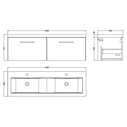 Arno 1200mm Wall Hung 2 Drawer Vanity Unit with Double Ceramic Basin - Gloss White - Technical Drawing