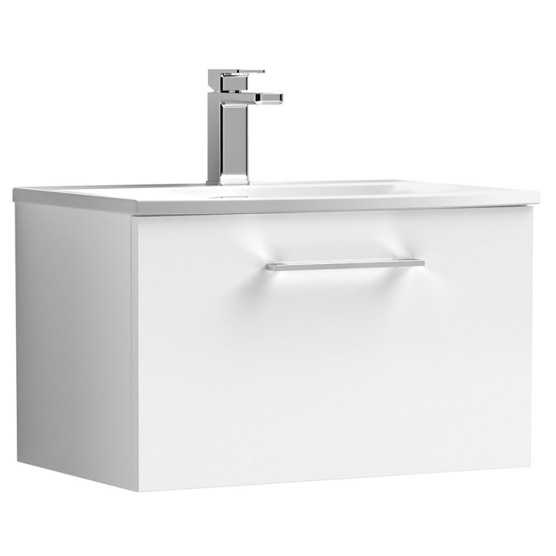 Arno 600mm Wall Hung Single Drawer Vanity Unit with Curved Basin - Gloss White Arno 600mm Wall Hung Single Drawer Vanity Unit with Curved Basin - Gloss White