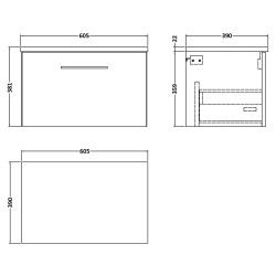 Arno 600mm Wall Hung Single Drawer Vanity Unit & Laminate Worktop - Gloss White/Carrera Marble - Technical Drawing