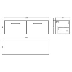 Arno 1200mm Wall Hung 2 Drawer Vanity Unit with Worktop - Gloss White - Technical Drawing