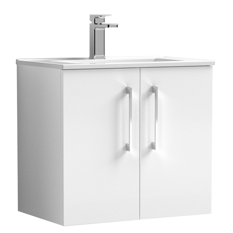 Arno 600mm Wall Hung 2 Door Vanity Unit with Minimalist Basin - Gloss White Arno 600mm Wall Hung 2 Door Vanity Unit with Minimalist Basin - Gloss White