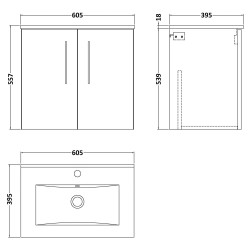 Arno 600mm Wall Hung 2 Door Vanity Unit with Minimalist Basin - Gloss White - Technical Drawing